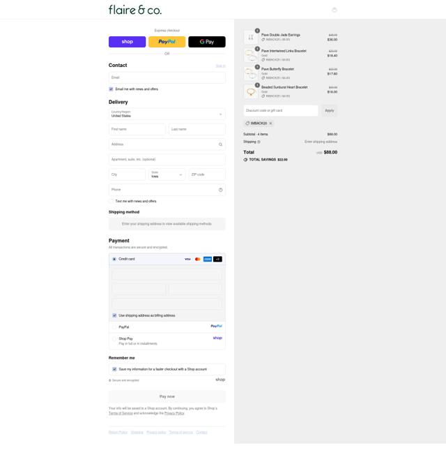 Flaire & Co checkout page showing Flaire & Co promo code box | Screenshot taken by SimplyCodes community member on Sep 12, 2025
