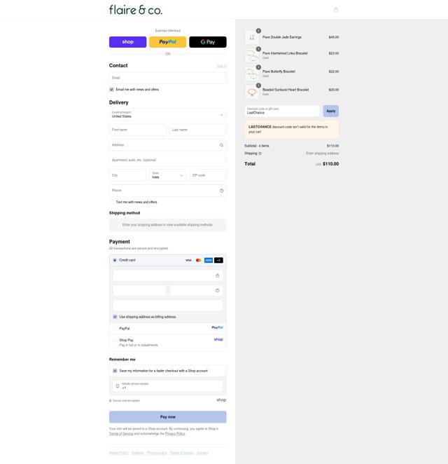 Flaire & Co checkout page showing Flaire & Co promo code box | Screenshot taken by SimplyCodes community member on Sep 12, 2025