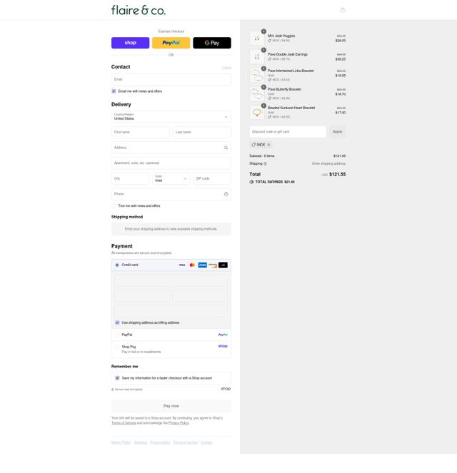 Flaire & Co checkout page showing Flaire & Co promo code box | Screenshot taken by SimplyCodes community member on Sep 8, 2025