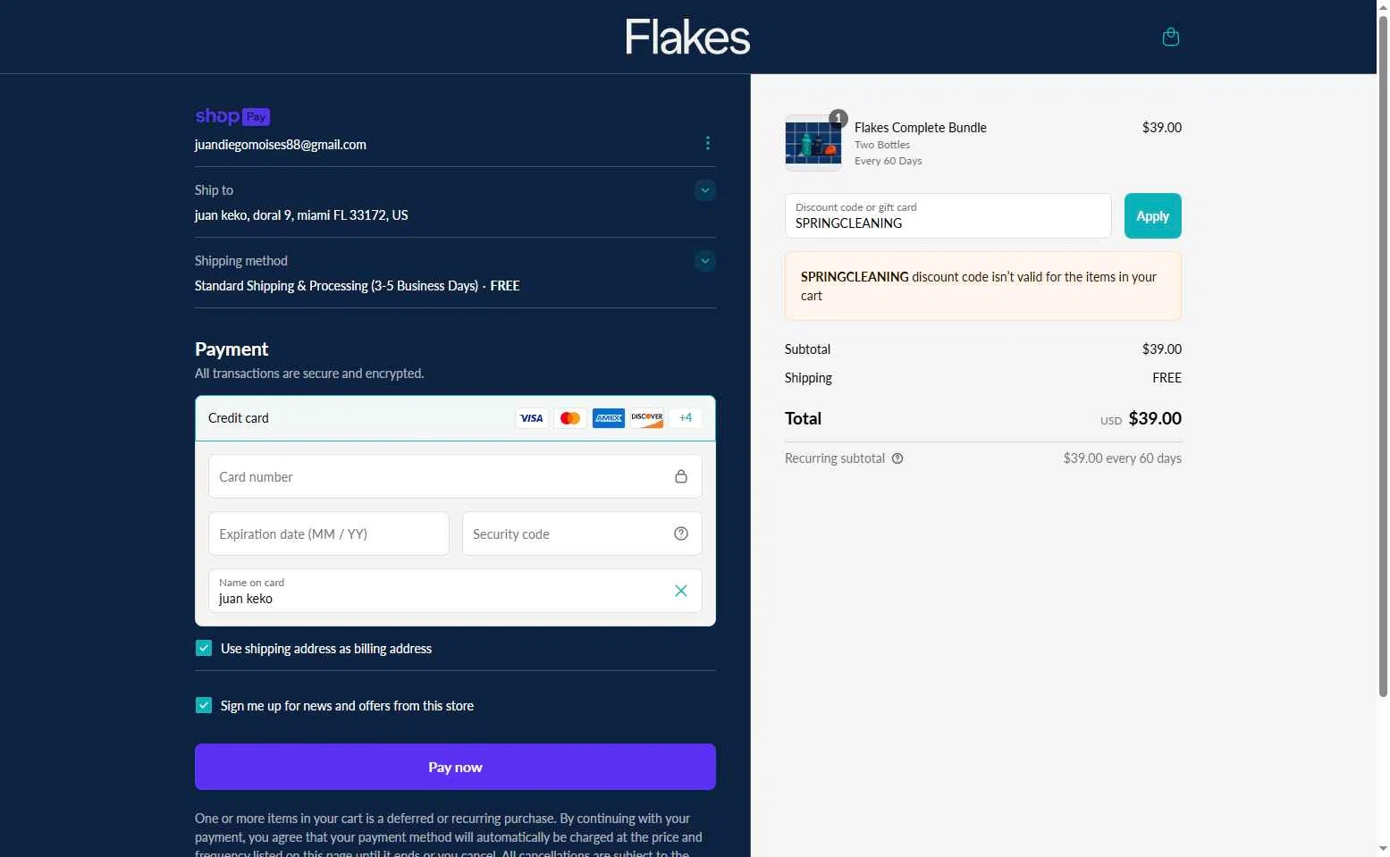 Flakes checkout page showing Flakes discount code box | Screenshot taken by SimplyCodes community member on Apr 22, 2025