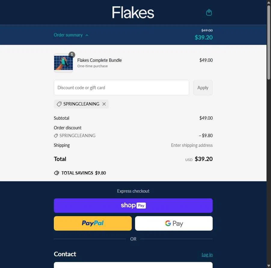 Flakes checkout page showing Flakes discount code box | Screenshot taken by SimplyCodes community member on Apr 22, 2025