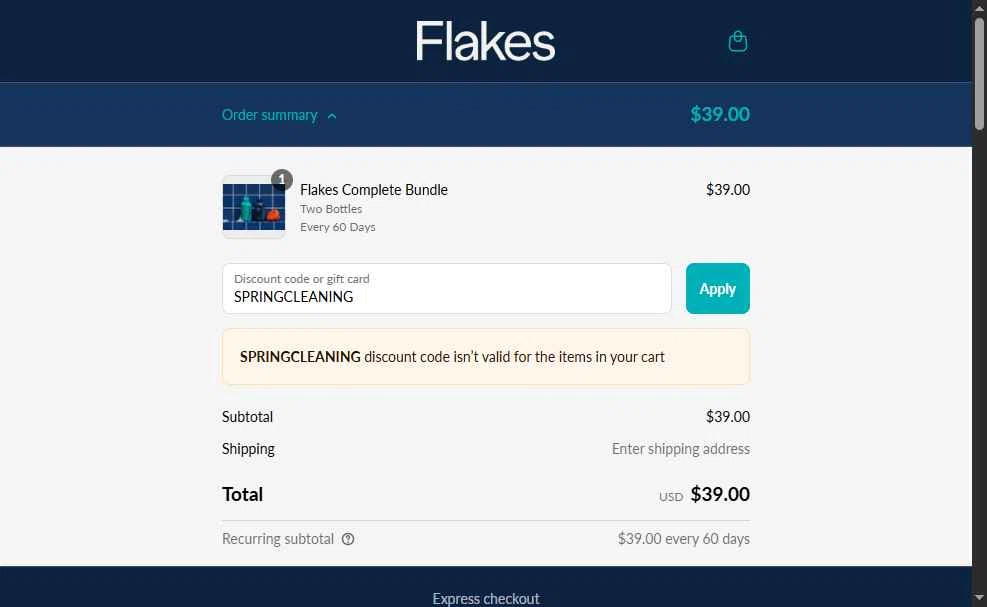 Flakes checkout page showing Flakes discount code box | Screenshot taken by SimplyCodes community member on Apr 27, 2025