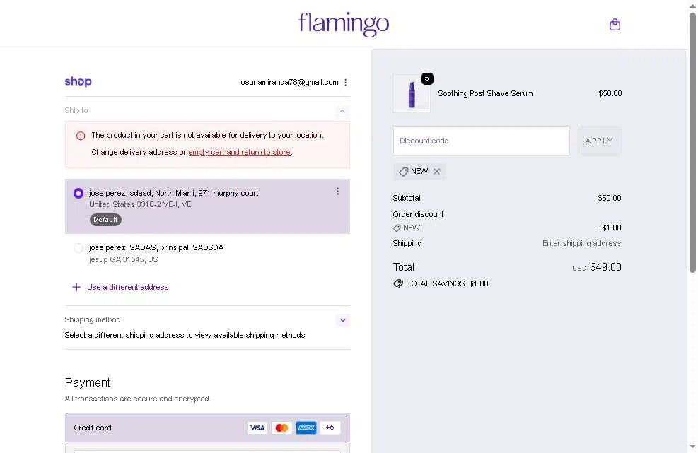 Flamingo checkout page showing Flamingo promo code box | Screenshot taken by SimplyCodes community member on Dec 2, 2025