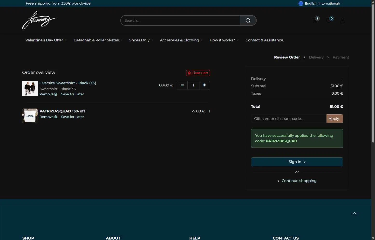 Flaneurz checkout page showing Flaneurz discount code box | Screenshot taken by SimplyCodes community member on Jan 20, 2026