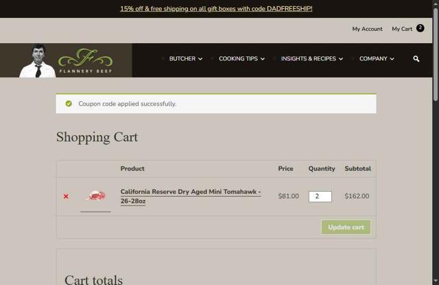 Flannery Beef checkout page showing Flannery Beef coupon code box | Screenshot taken by SimplyCodes community member on May 30, 2025