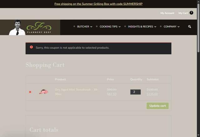 Flannery Beef checkout page showing Flannery Beef coupon code box | Screenshot taken by SimplyCodes community member on Jul 26, 2025