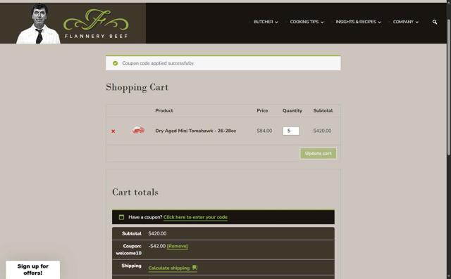 Flannery Beef checkout page showing Flannery Beef coupon code box | Screenshot taken by SimplyCodes community member on Sep 7, 2025