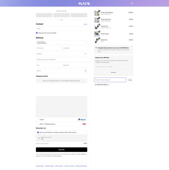 Flare Audio checkout page showing Flare Audio discount code box | Screenshot taken by SimplyCodes community member on May 4, 2025
