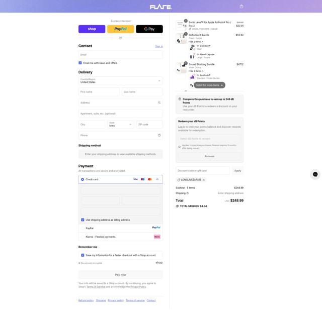 Flare Audio checkout page showing Flare Audio discount code box | Screenshot taken by SimplyCodes community member on Sep 15, 2025