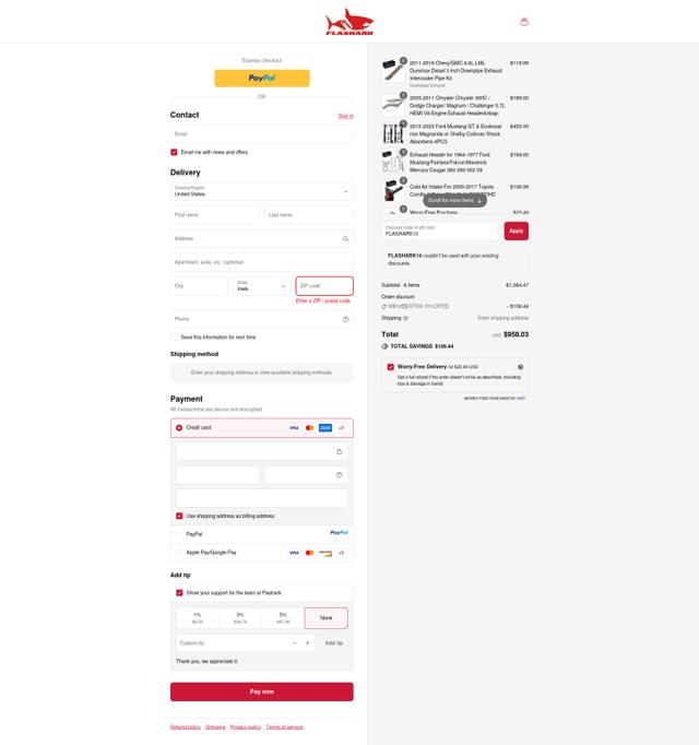 Flashark checkout page showing Flashark discount code box | Screenshot taken by SimplyCodes community member on Sep 15, 2025