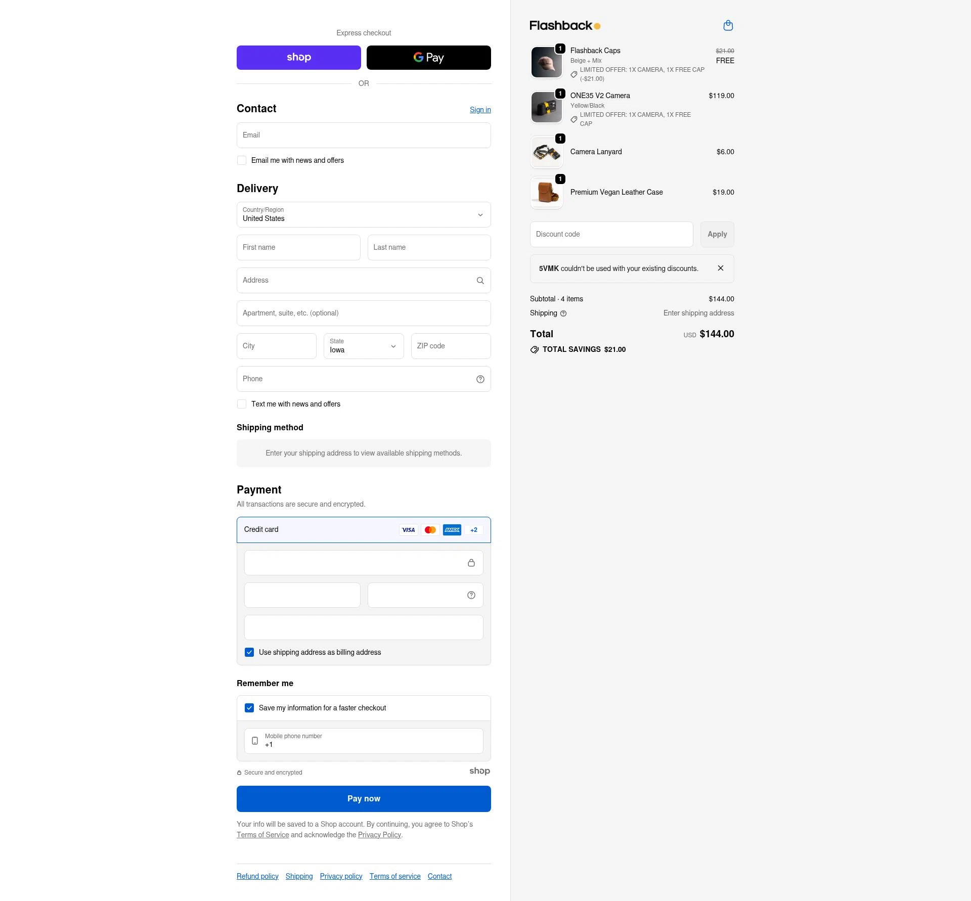 Flashback Camera checkout page showing Flashback Camera promo code box | Screenshot taken by SimplyCodes community member on Jan 21, 2026