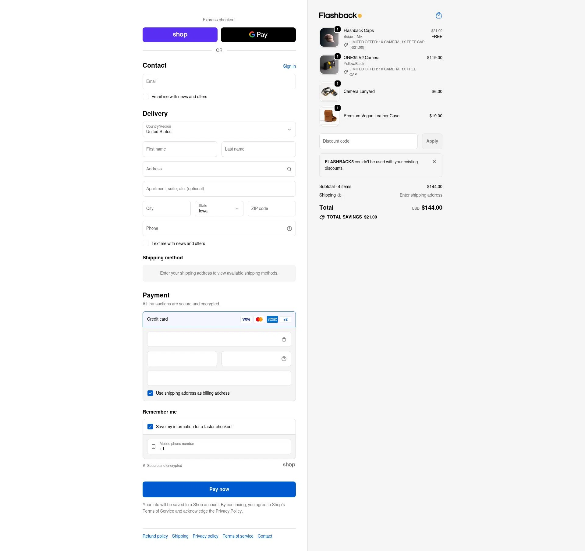Flashback Camera checkout page showing Flashback Camera promo code box | Screenshot taken by SimplyCodes community member on Jan 26, 2026