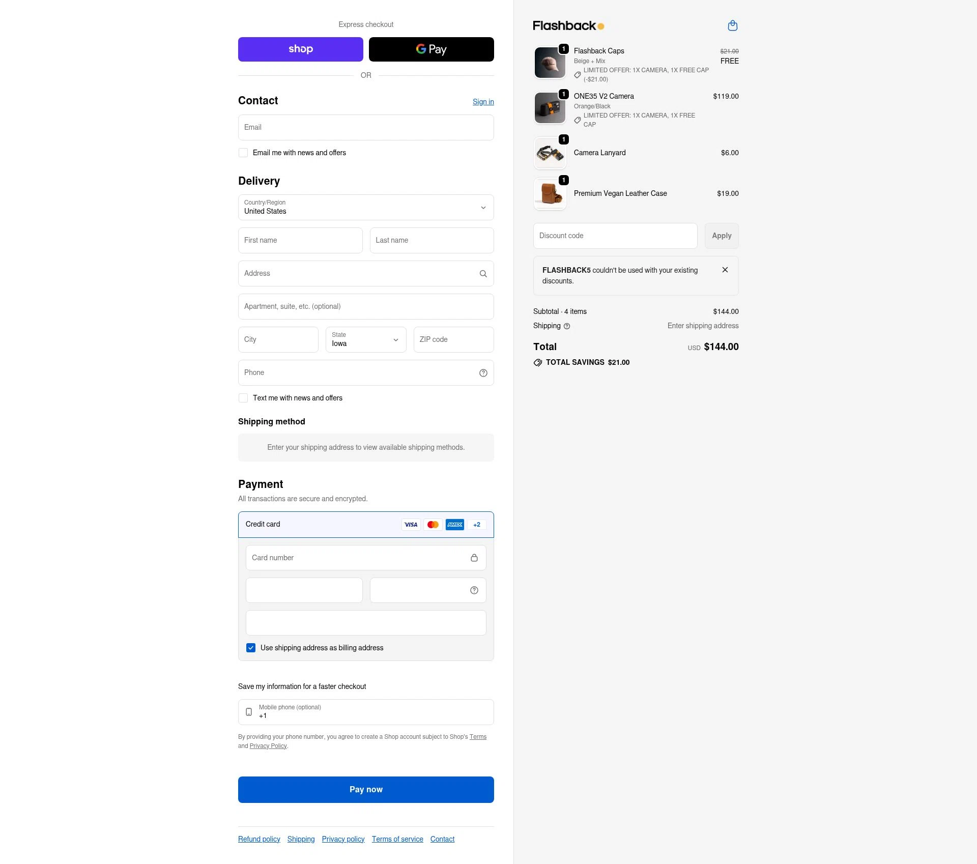 Flashback Camera checkout page showing Flashback Camera promo code box | Screenshot taken by SimplyCodes community member on Feb 9, 2026