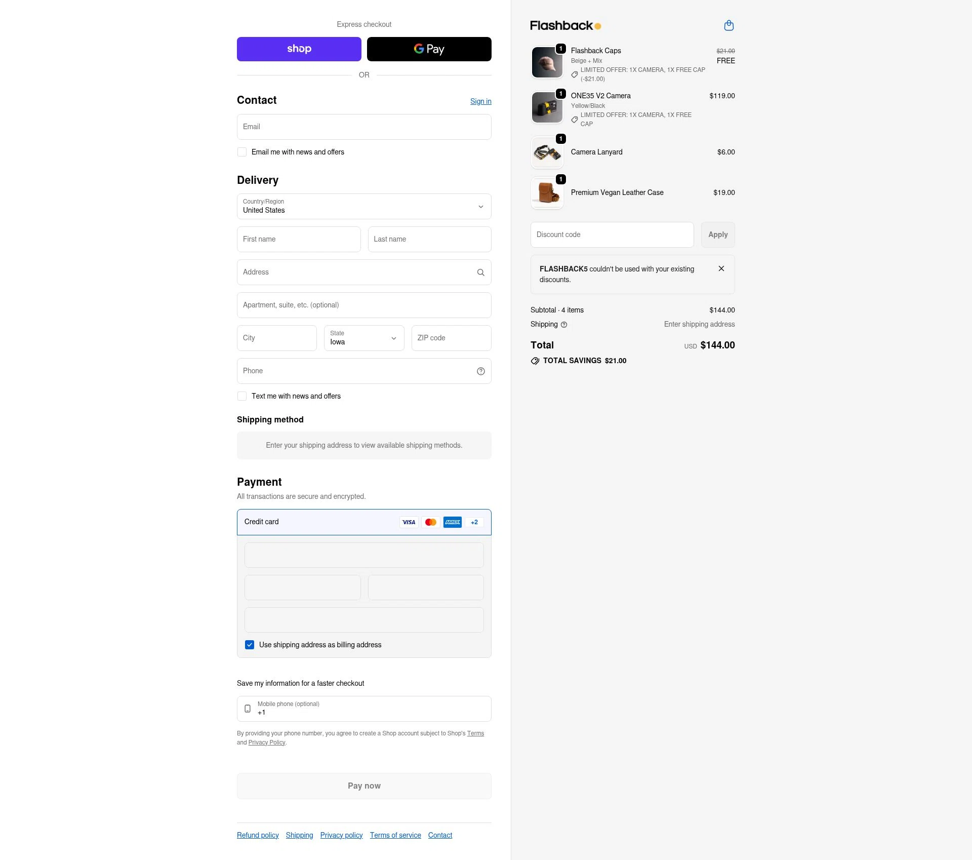 Flashback Camera checkout page showing Flashback Camera promo code box | Screenshot taken by SimplyCodes community member on Jan 30, 2026