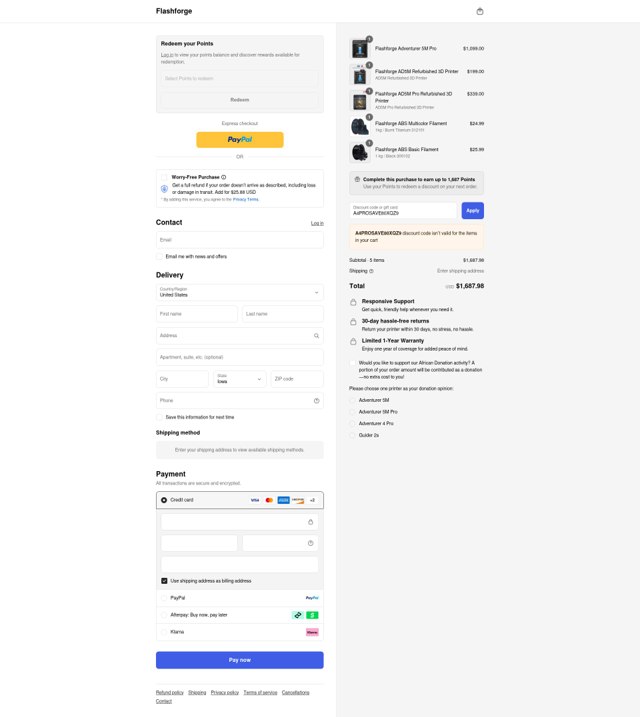 FlashForge checkout page showing FlashForge discount code box | Screenshot taken by SimplyCodes community member on Aug 29, 2025