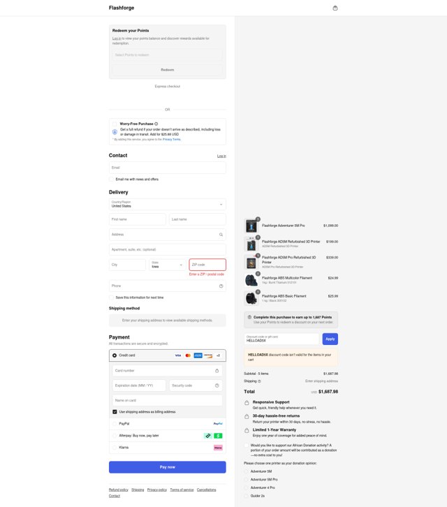FlashForge checkout page showing FlashForge discount code box | Screenshot taken by SimplyCodes community member on Sep 2, 2025