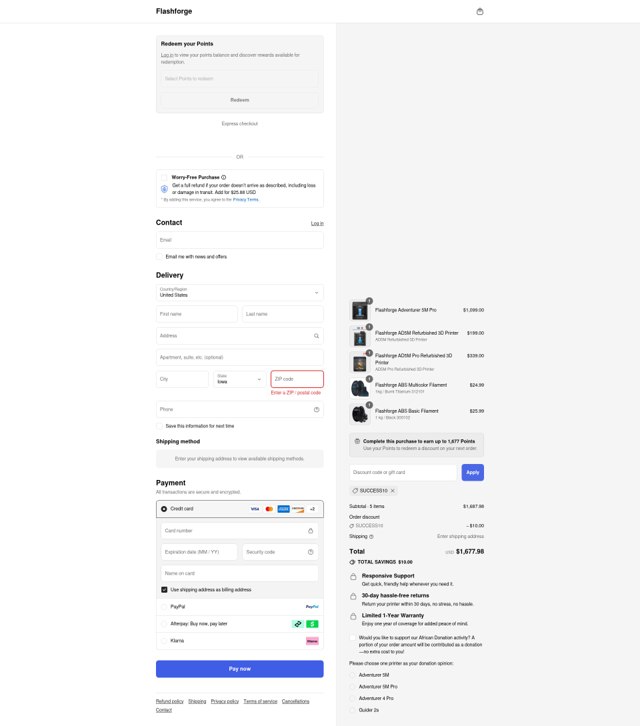 FlashForge checkout page showing FlashForge discount code box | Screenshot taken by SimplyCodes community member on Sep 2, 2025