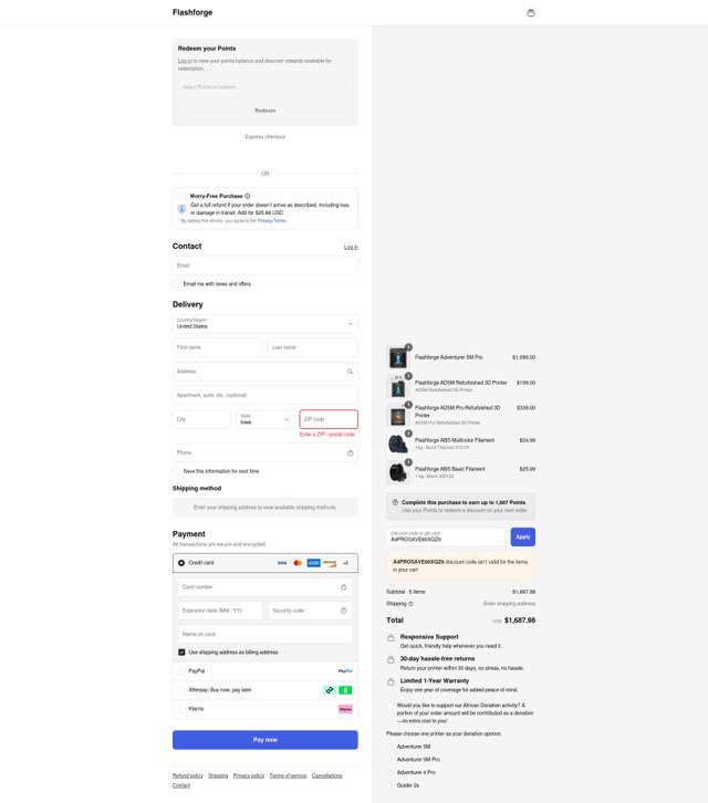 FlashForge checkout page showing FlashForge discount code box | Screenshot taken by SimplyCodes community member on Sep 2, 2025