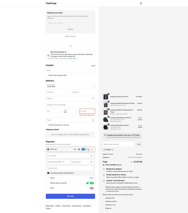 FlashForge checkout page showing FlashForge discount code box | Screenshot taken by SimplyCodes community member on Sep 2, 2025