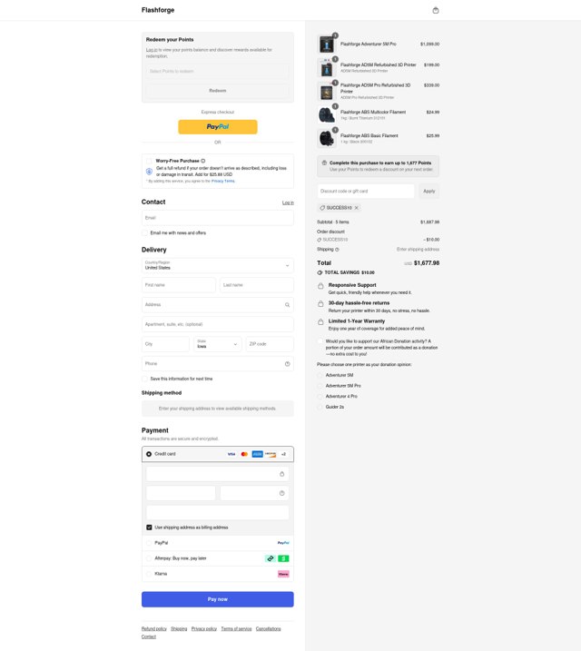 FlashForge checkout page showing FlashForge discount code box | Screenshot taken by SimplyCodes community member on Aug 29, 2025