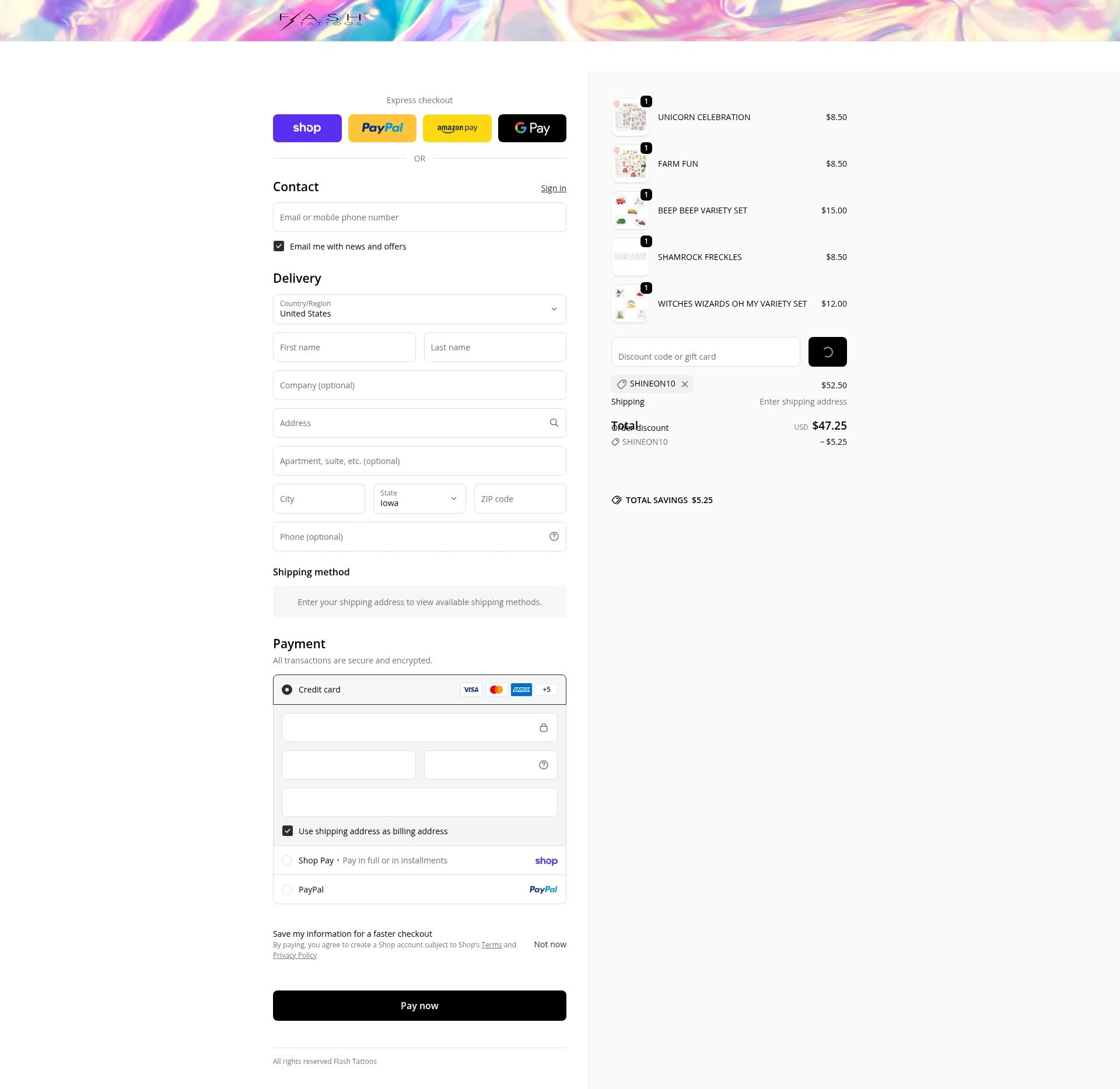 Flash Tattoos checkout page showing Flash Tattoos coupon code box | Screenshot taken by SimplyCodes community member on Feb 15, 2026