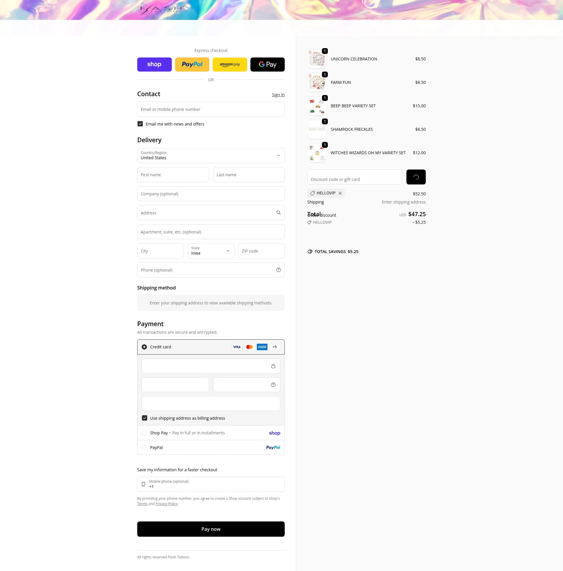 Flash Tattoos checkout page showing Flash Tattoos coupon code box | Screenshot taken by SimplyCodes community member on Feb 11, 2026