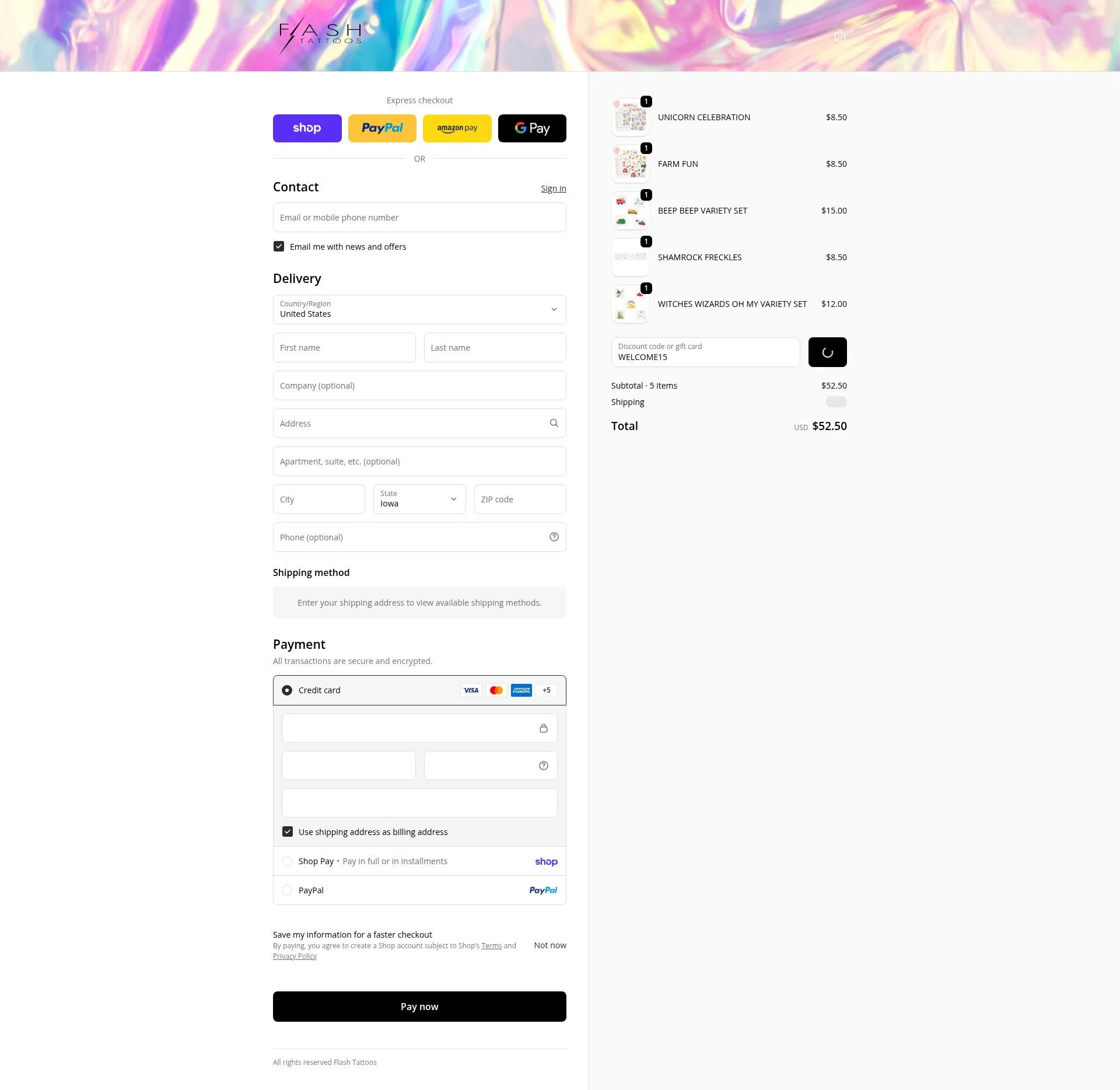 Flash Tattoos checkout page showing Flash Tattoos coupon code box | Screenshot taken by SimplyCodes community member on Feb 15, 2026