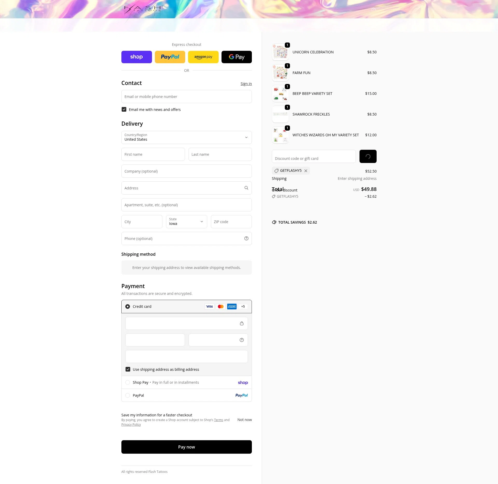 Flash Tattoos checkout page showing Flash Tattoos coupon code box | Screenshot taken by SimplyCodes community member on Feb 15, 2026