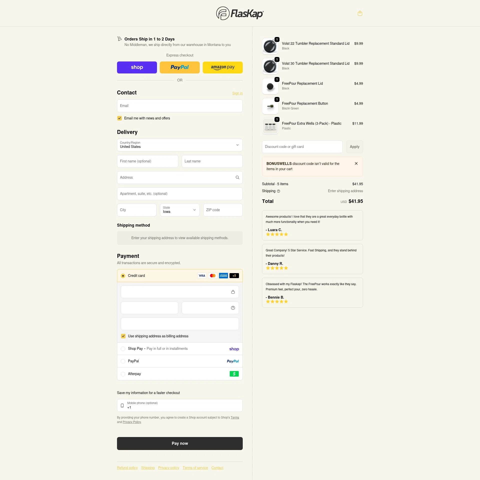 FlasKap checkout page showing FlasKap discount code box | Screenshot taken by SimplyCodes community member on Feb 9, 2026