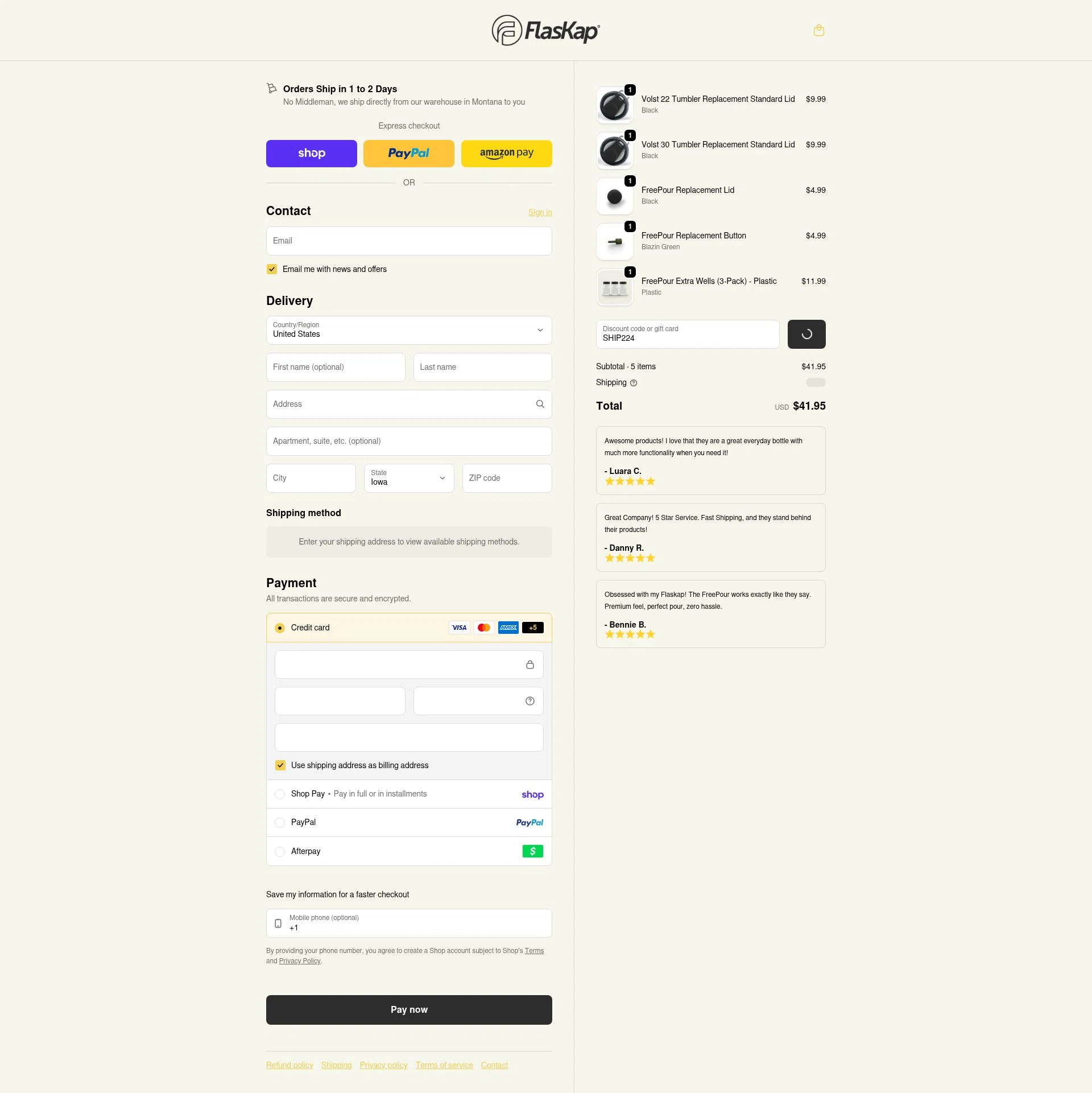 FlasKap checkout page showing FlasKap discount code box | Screenshot taken by SimplyCodes community member on Feb 9, 2026