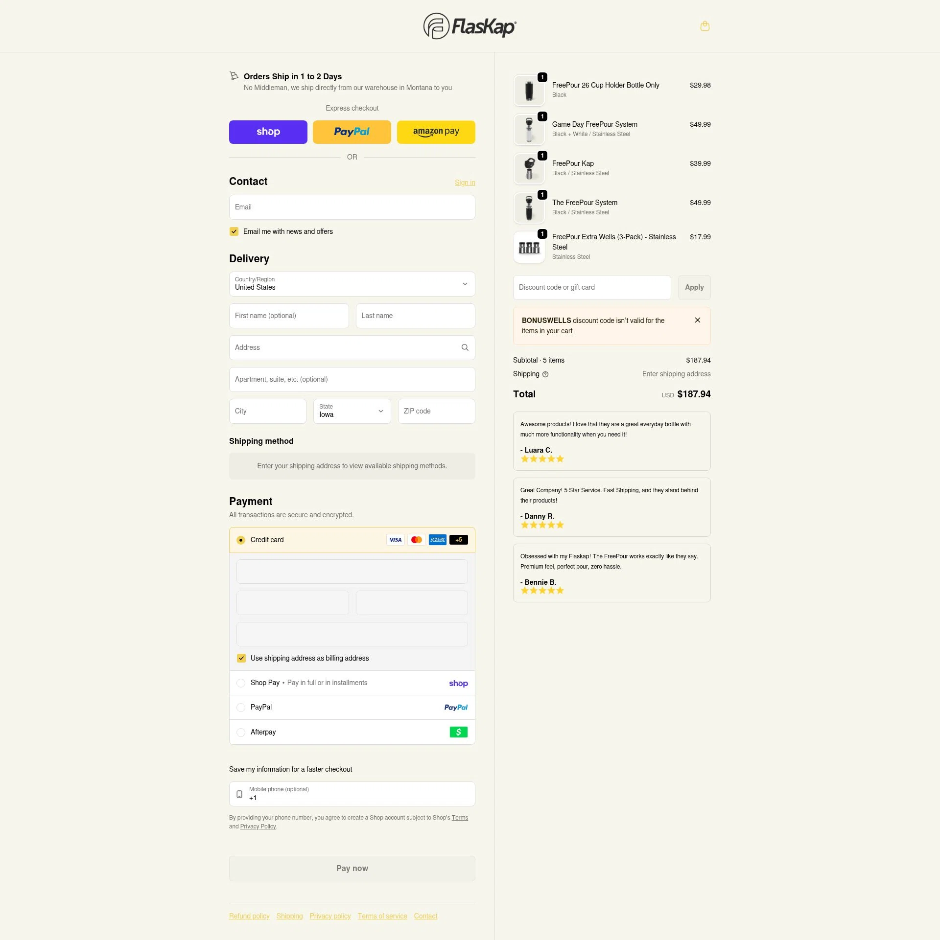 FlasKap checkout page showing FlasKap discount code box | Screenshot taken by SimplyCodes community member on Feb 5, 2026