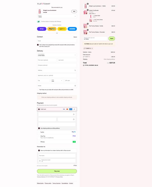 Flat Tummy Co checkout page showing Flat Tummy Co promo code box | Screenshot taken by SimplyCodes community member on Sep 10, 2025