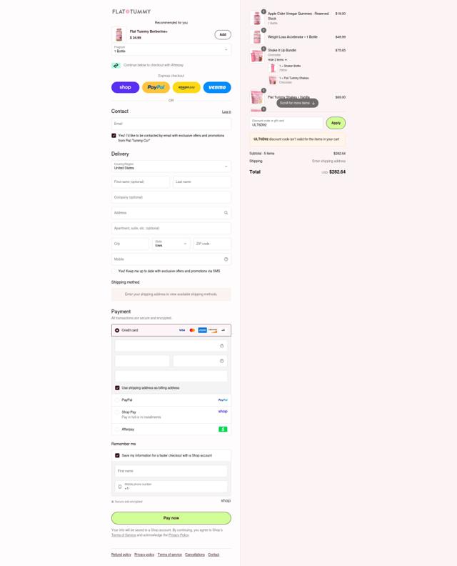 Flat Tummy Co checkout page showing Flat Tummy Co promo code box | Screenshot taken by SimplyCodes community member on Sep 1, 2025