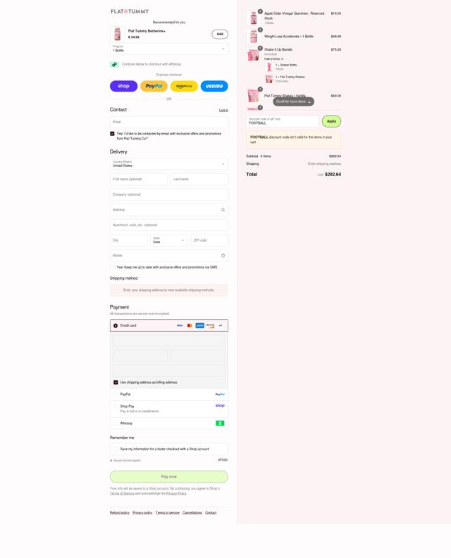 Flat Tummy Co checkout page showing Flat Tummy Co promo code box | Screenshot taken by SimplyCodes community member on Sep 1, 2025
