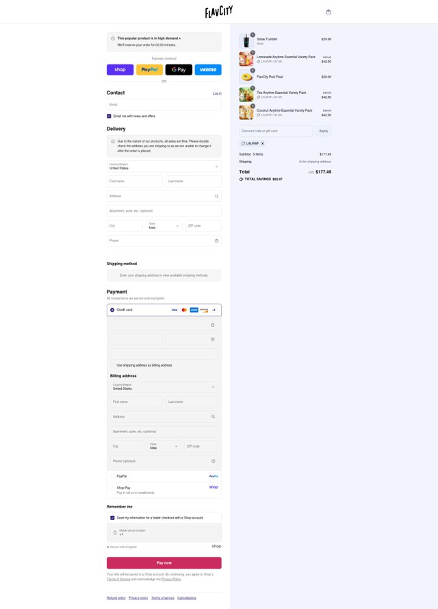 FlavCity checkout page showing FlavCity discount code box | Screenshot taken by SimplyCodes community member on Sep 5, 2025