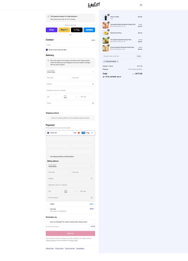 FlavCity checkout page showing FlavCity discount code box | Screenshot taken by SimplyCodes community member on Sep 5, 2025