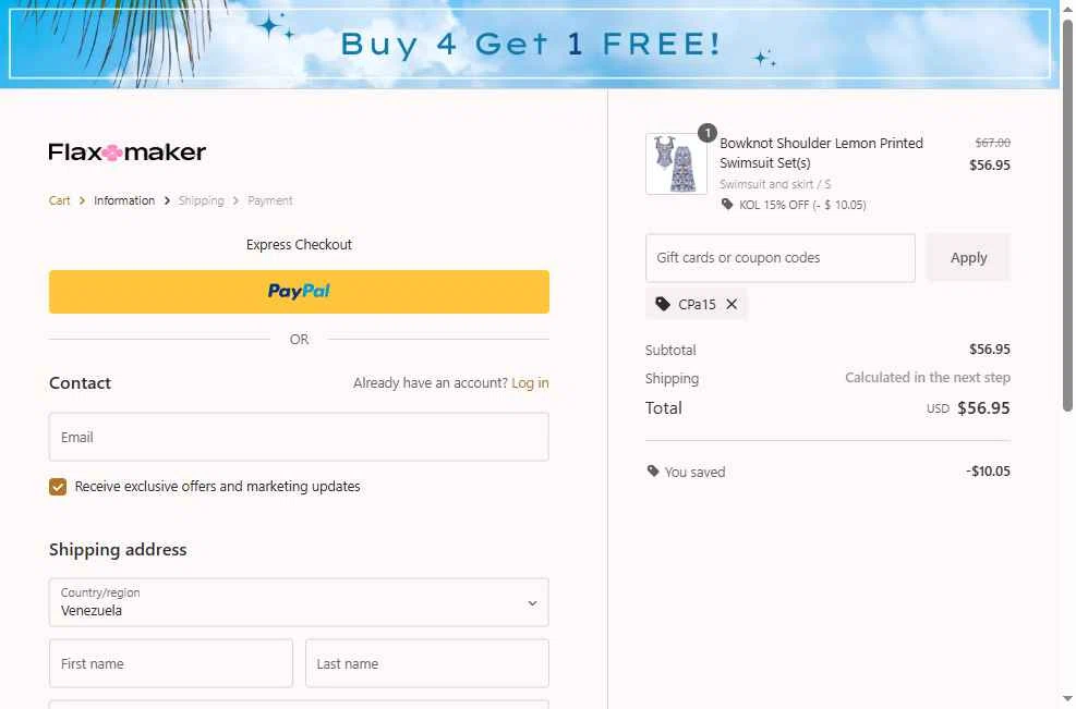 Flaxmaker checkout page showing Flaxmaker coupon code box | Screenshot taken by SimplyCodes community member on Jan 27, 2026