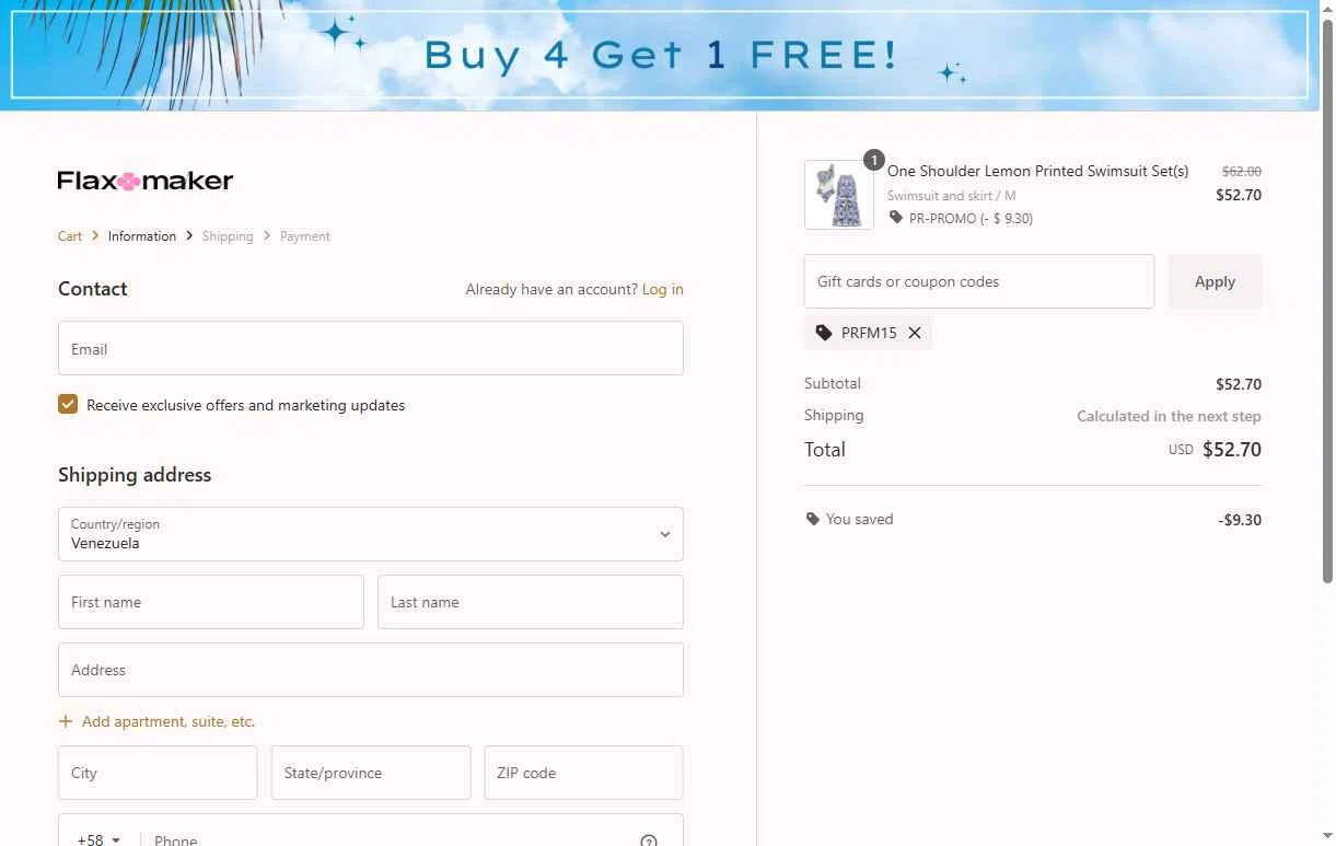 Flaxmaker checkout page showing Flaxmaker coupon code box | Screenshot taken by SimplyCodes community member on Jan 27, 2026