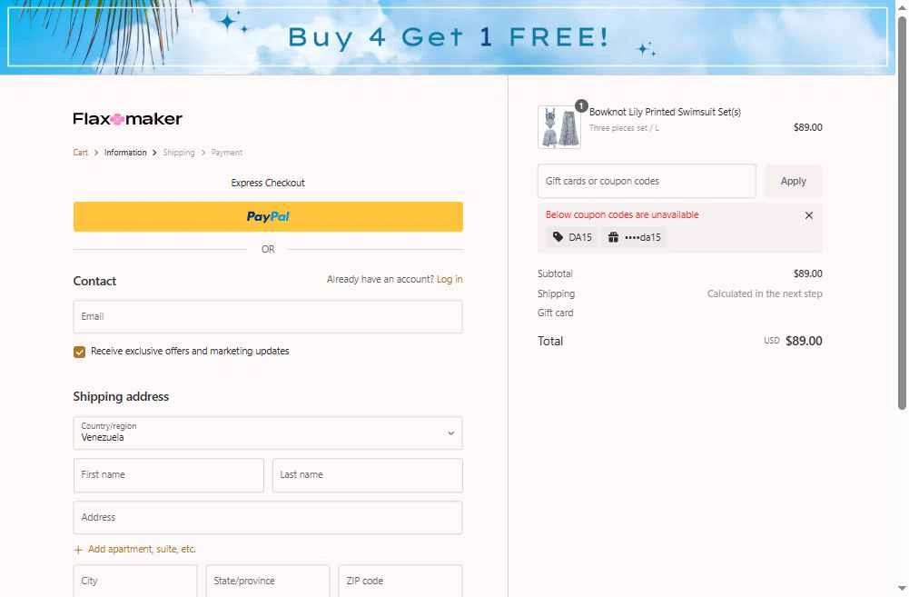 Flaxmaker checkout page showing Flaxmaker coupon code box | Screenshot taken by SimplyCodes community member on Feb 8, 2026
