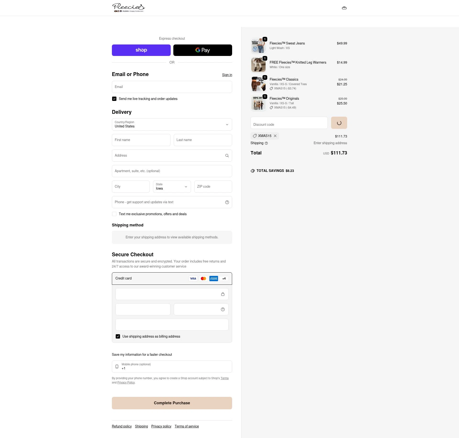 Fleecies checkout page showing Fleecies discount code box | Screenshot taken by SimplyCodes community member on Feb 18, 2026