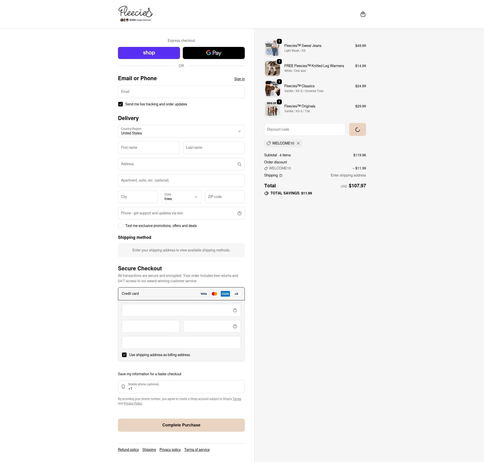 Fleecies checkout page showing Fleecies discount code box | Screenshot taken by SimplyCodes community member on Feb 14, 2026