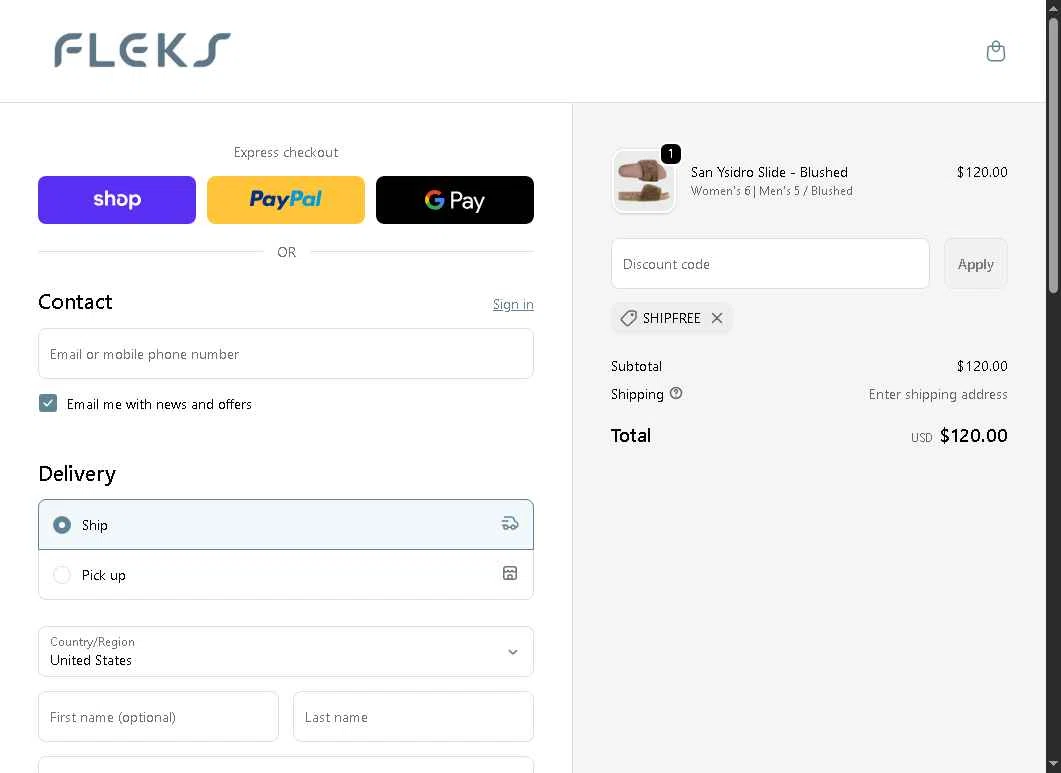 Fleks Footwear checkout page showing Fleks Footwear promo code box | Screenshot taken by SimplyCodes community member on Nov 1, 2025