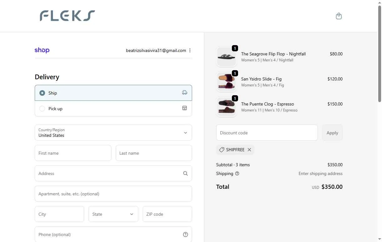 Fleks Footwear checkout page showing Fleks Footwear promo code box | Screenshot taken by SimplyCodes community member on Nov 1, 2025