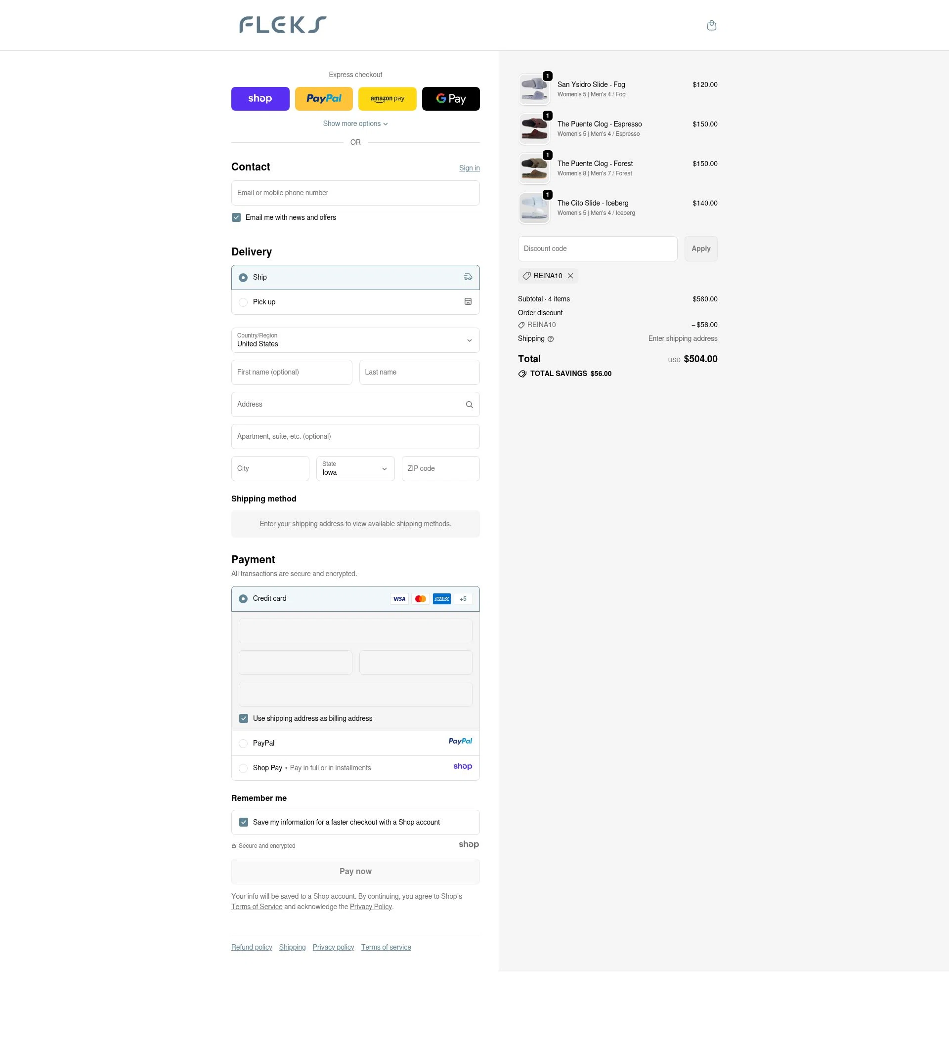 Fleks Footwear checkout page showing Fleks Footwear promo code box | Screenshot taken by SimplyCodes community member on Oct 30, 2025