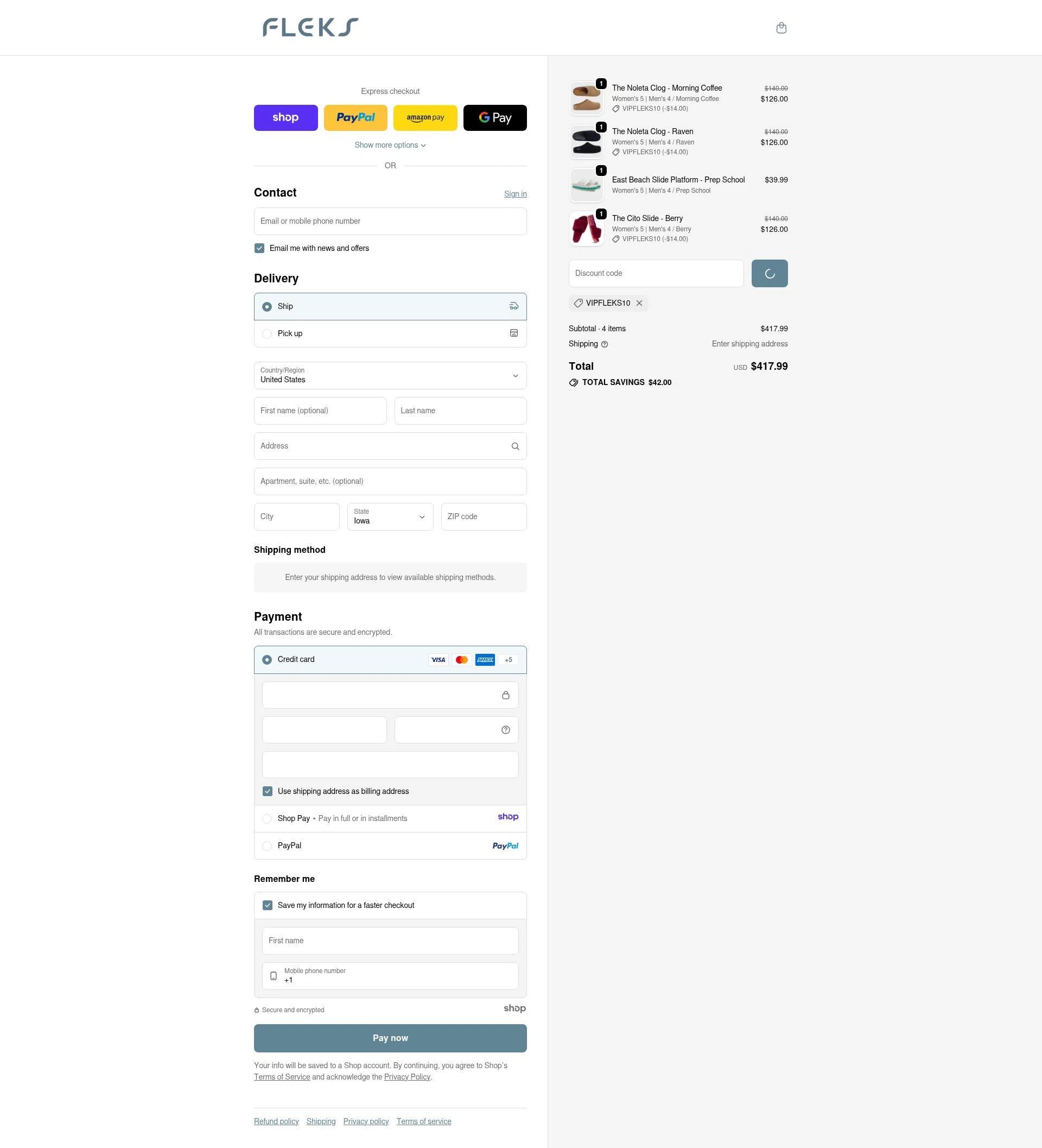 Fleks Footwear checkout page showing Fleks Footwear promo code box | Screenshot taken by SimplyCodes community member on Dec 31, 2025