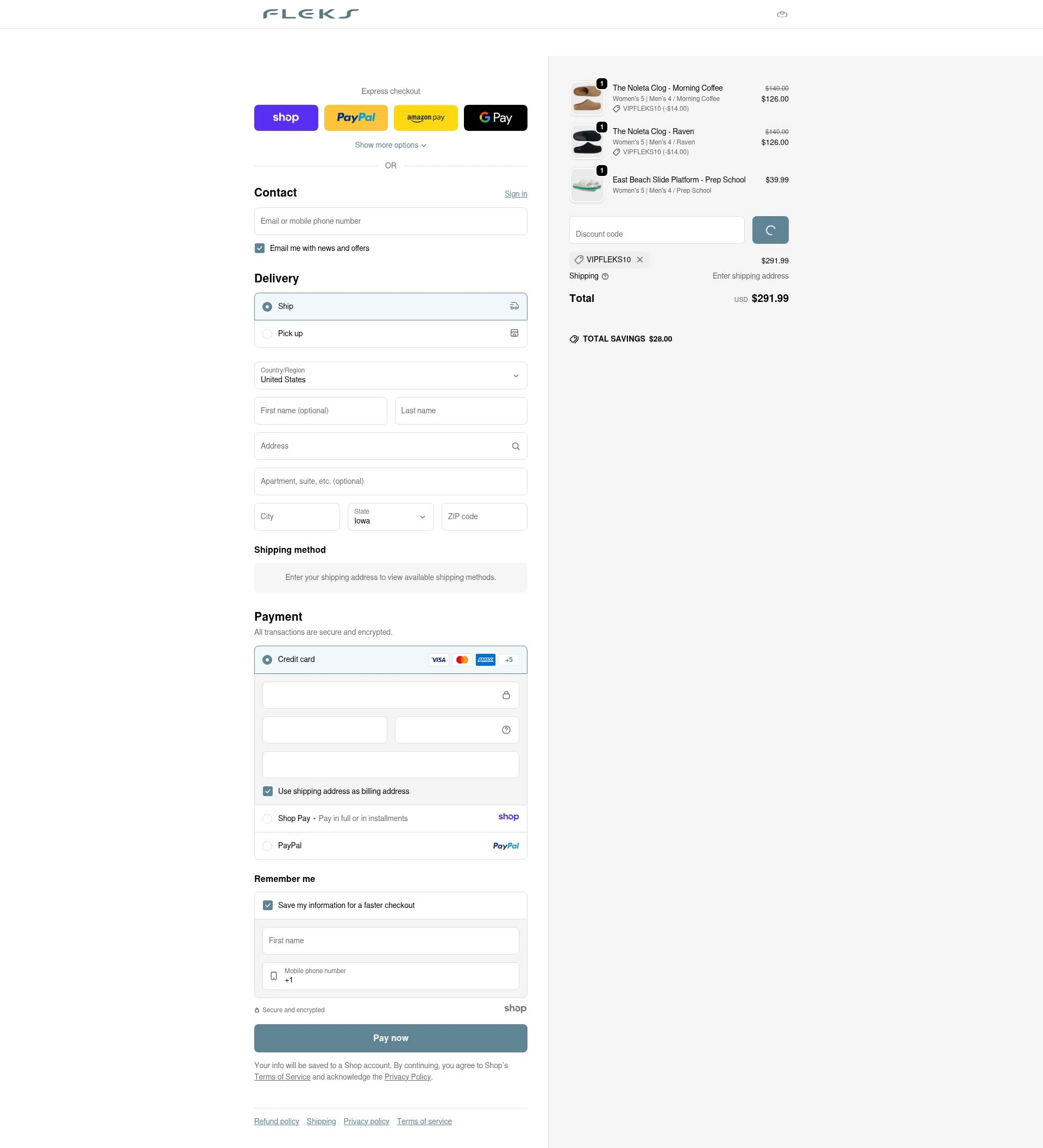 Fleks Footwear checkout page showing Fleks Footwear promo code box | Screenshot taken by SimplyCodes community member on Dec 21, 2025