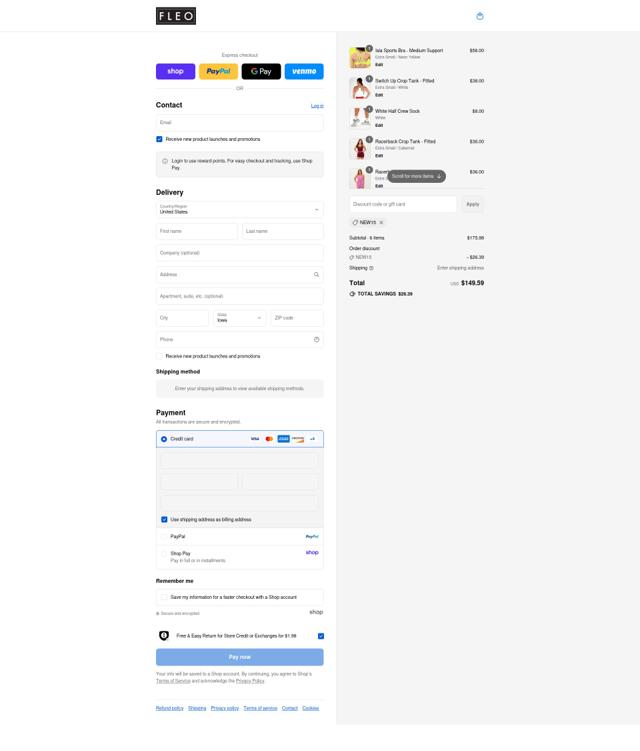 Fleo checkout page showing Fleo discount code box | Screenshot taken by SimplyCodes community member on Sep 2, 2025