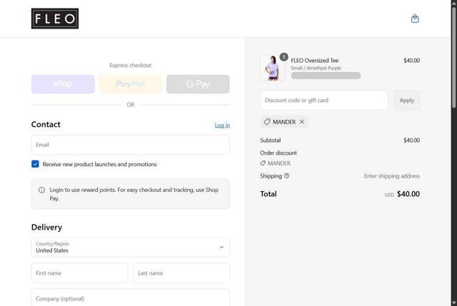 Fleo checkout page showing Fleo discount code box | Screenshot taken by SimplyCodes community member on Sep 4, 2025