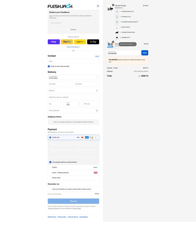 Fleshjack checkout page showing Fleshjack discount code box | Screenshot taken by SimplyCodes community member on Aug 31, 2025