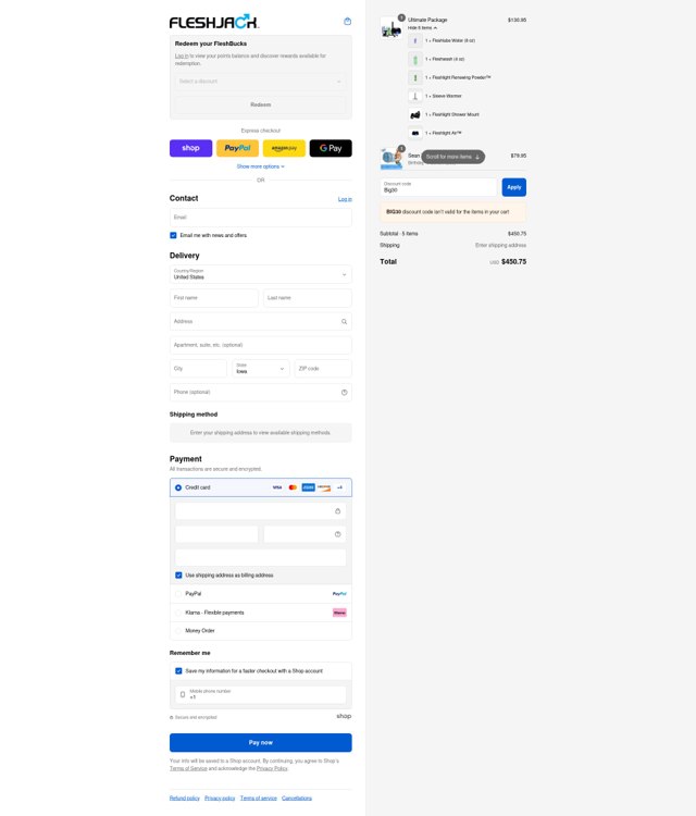 Fleshjack checkout page showing Fleshjack discount code box | Screenshot taken by SimplyCodes community member on Aug 31, 2025